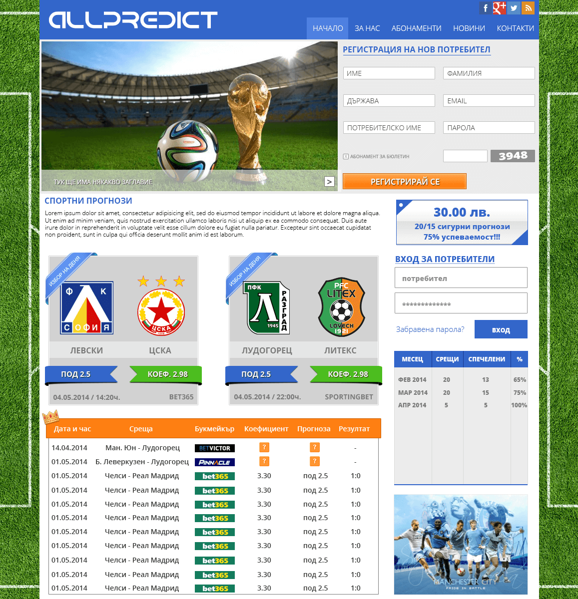 Изработка на уеб сайт за спортни прогнози - Allpredict